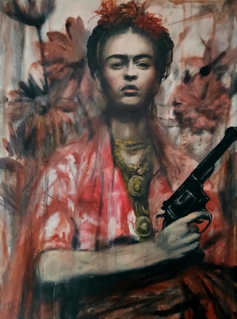 Frida Kahlo mit Revolver, Originalgemälde / Porträt von Frida in moderer Ausführung mit expresivven Malweise in Öl und Mischtechnik auf Leinwand